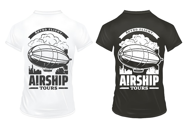 Free vector vintage airship prints on shirts template with inscription and digirible flying over city isolated