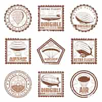 Free vector vintage airship stamps set with blimps or zeppelins hot air balloons propeller isolated