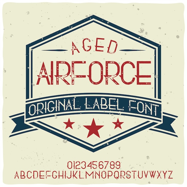 Carattere tipografico vintage di alfabeto ed etichetta denominato air force.