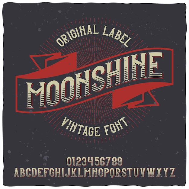 Vettore gratuito carattere tipografico vintage di alfabeto ed etichetta denominato moonshine.