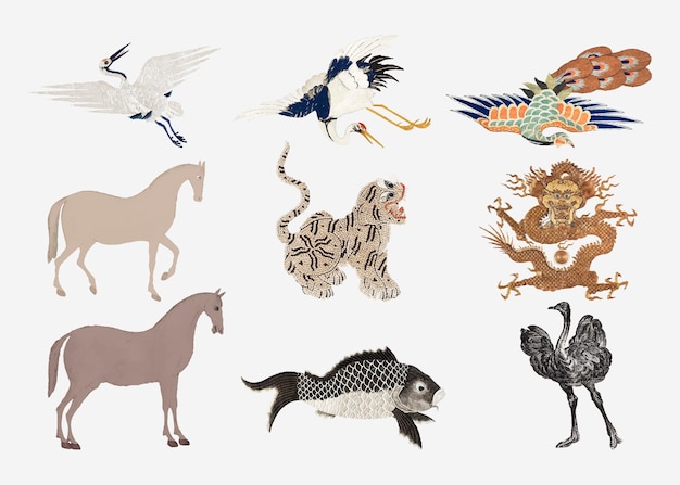 Free vector vintage animal embroidery and illustration set