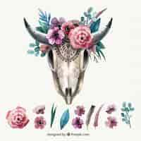 Free vector vintage animal skull with floral decoration