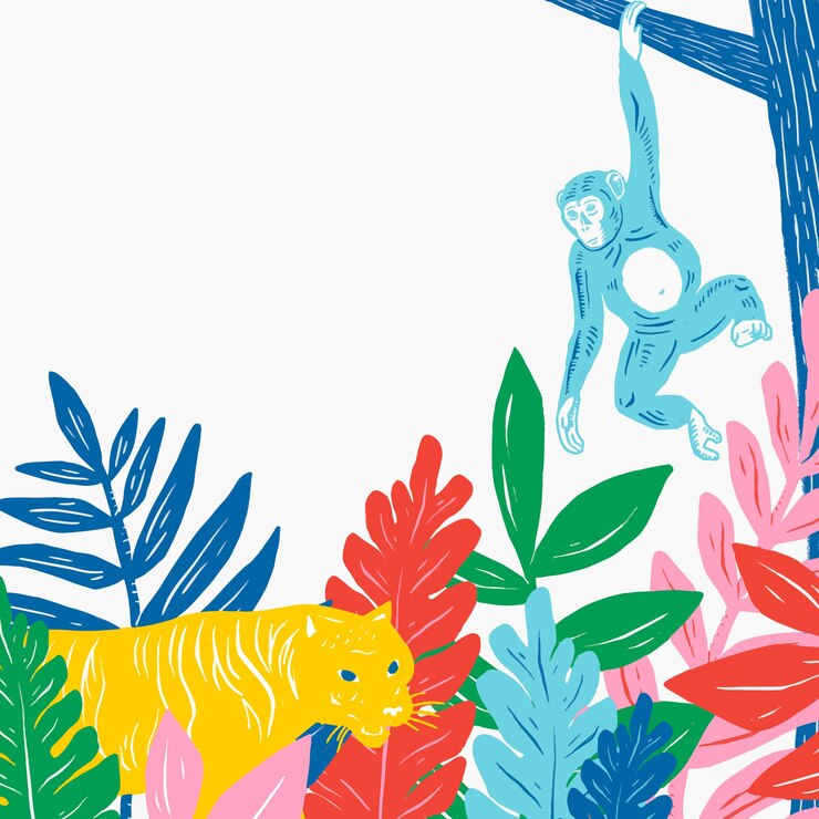 Free Vector vintage animals frame colorful linocut jungle background