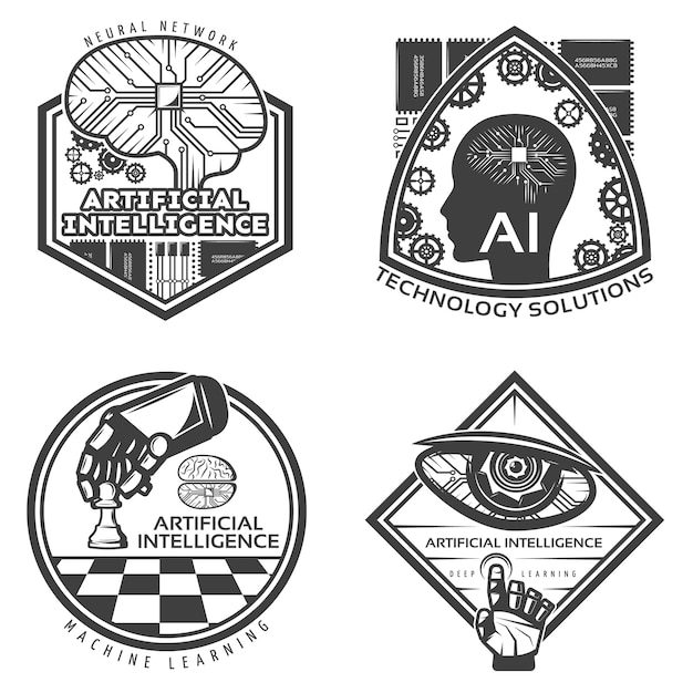 Vettore gratuito set di badge vintage intelligenza artificiale