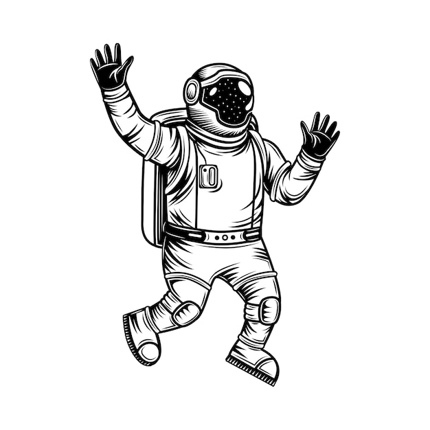 우주 벡터 일러스트 레이 션을 탐험하는 우주복에 빈티지 우주 비행사. 열린 공간에서 흑백 우주 비행사.