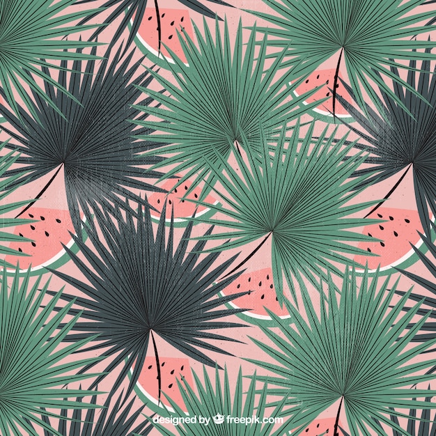 Free vector vintage background of palm leaves with watermelon