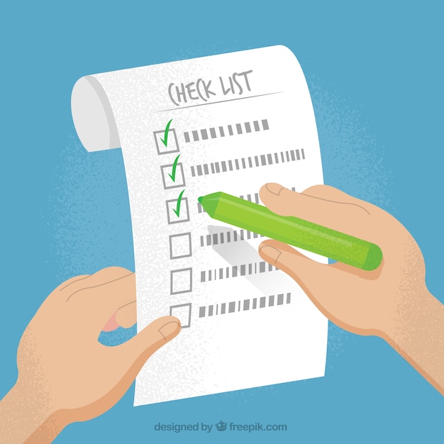 Vintage background with checklist and hand holding a green pencil