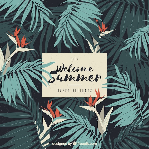 Free vector vintage background with exotic flowers and palm leaves