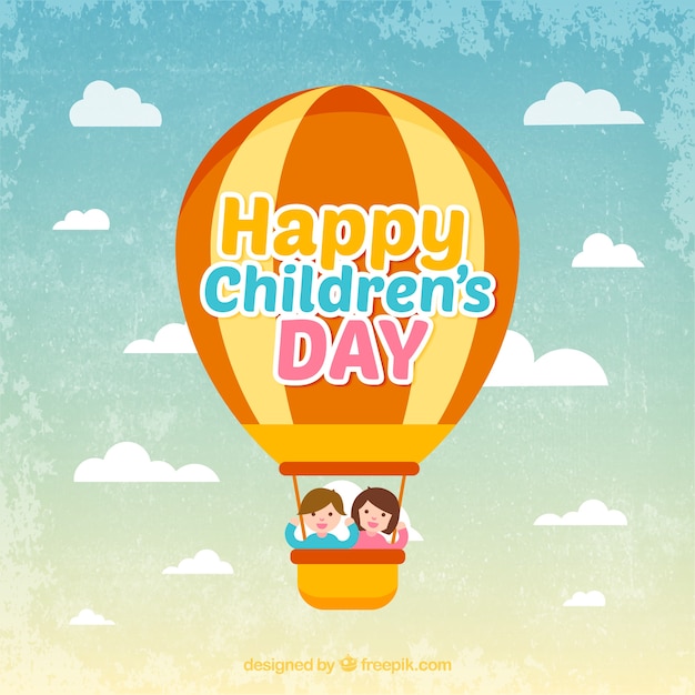 Vintage background with an hot air balloon and two kids