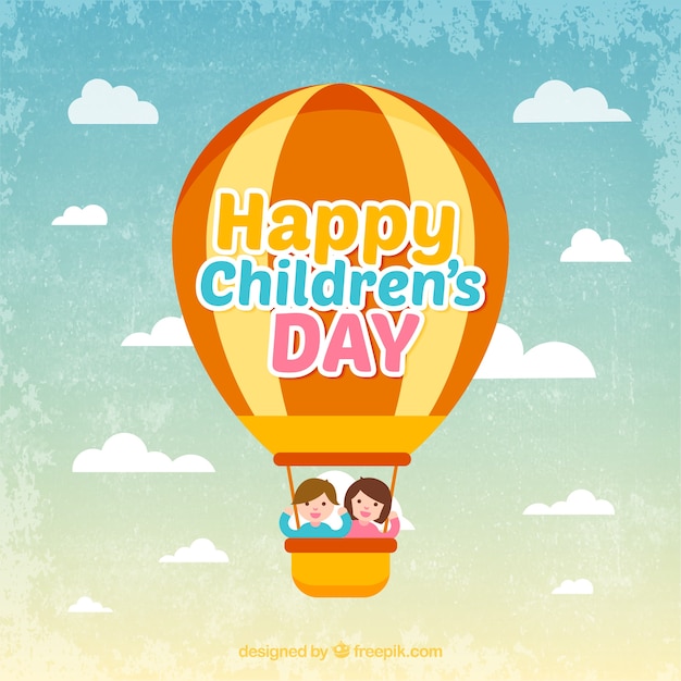 熱気球と二人の子供を持つヴィンテージの背景