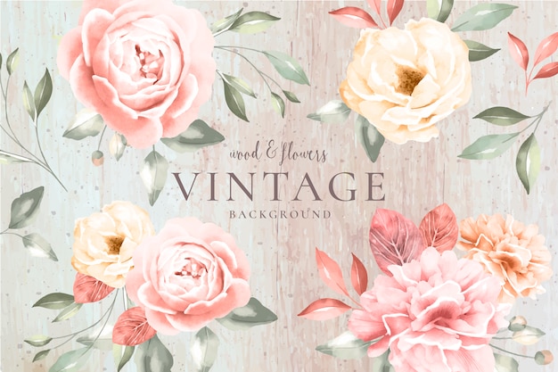 Vintage background with wood and romantic flowers