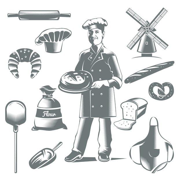 Vintage bakery icon set with isolated gray elements cakes and cook