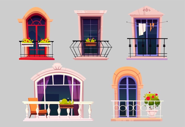 Vettore gratuito balconi vintage con porte in vetro, finestre, fiori in vaso e recinzioni.