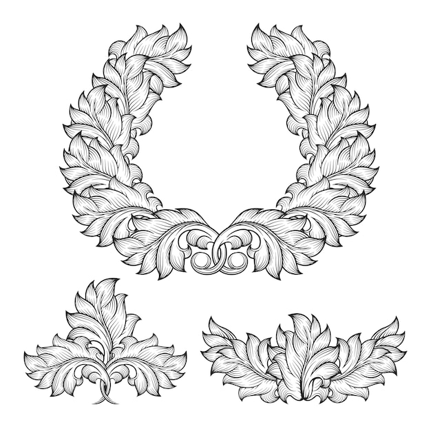 Vintage baroque floral leaf scroll ornament engraving frame element set. Decorative victorian retro abstract design style, 