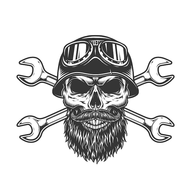 Бесплатное векторное изображение Винтажный бородатый и усатый байкерский череп