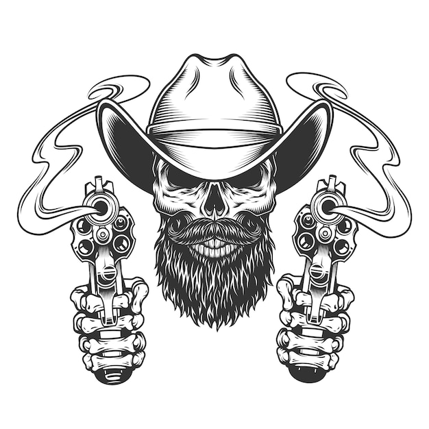 Vintage bearded and mustached cowboy skull