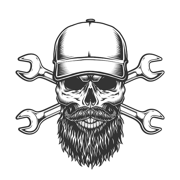 Vettore gratuito cranio di camionista vintage con barba e baffi