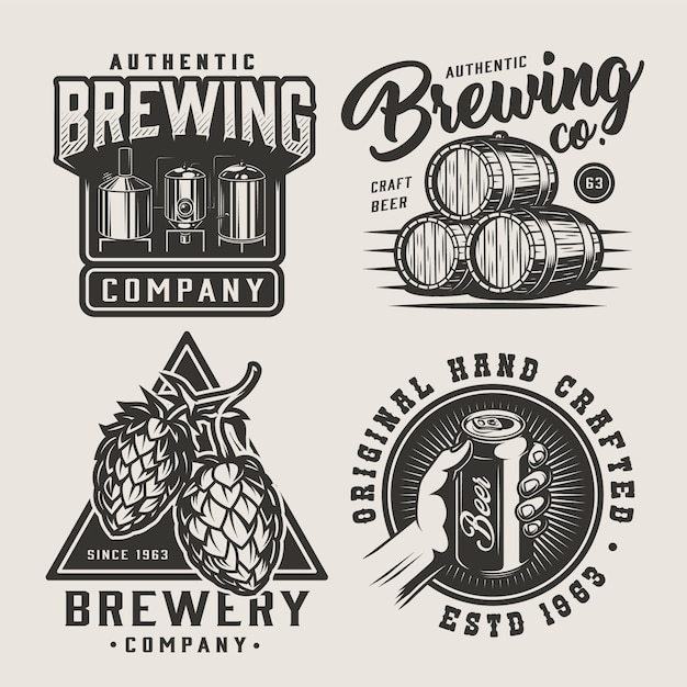 Free vector vintage beer monochrome badges set