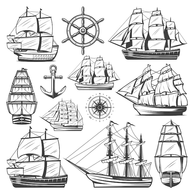 Free vector vintage big ships collection with different vessels boats steering wheel anchor