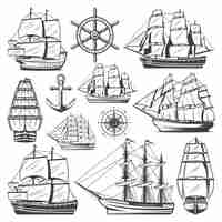 Free vector vintage big ships collection with different vessels boats steering wheel anchor