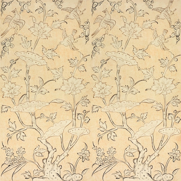 Vintage bird floral pattern background vector, featuring public domain artworks