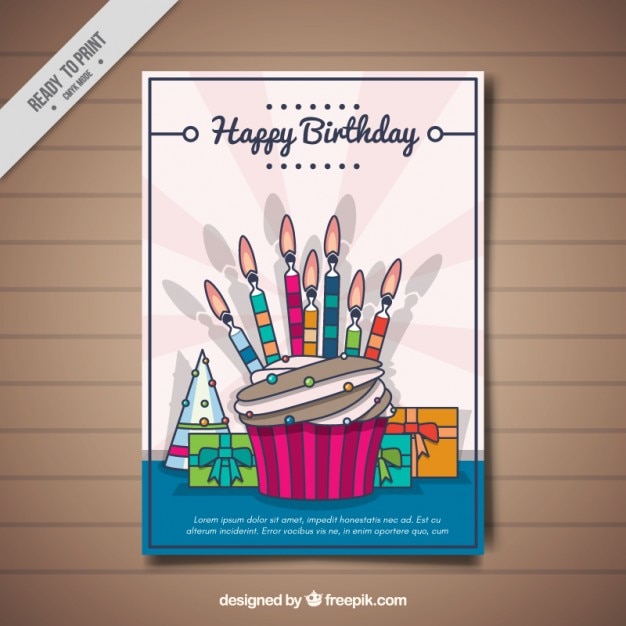 무료 Vector 초를 가진 빈티지 생일 카드 컵 케 익