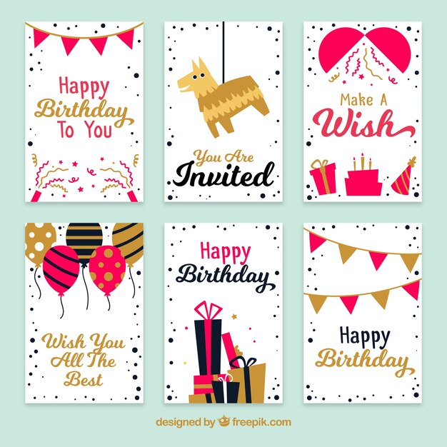 Vintage birthday card pack with golden details
