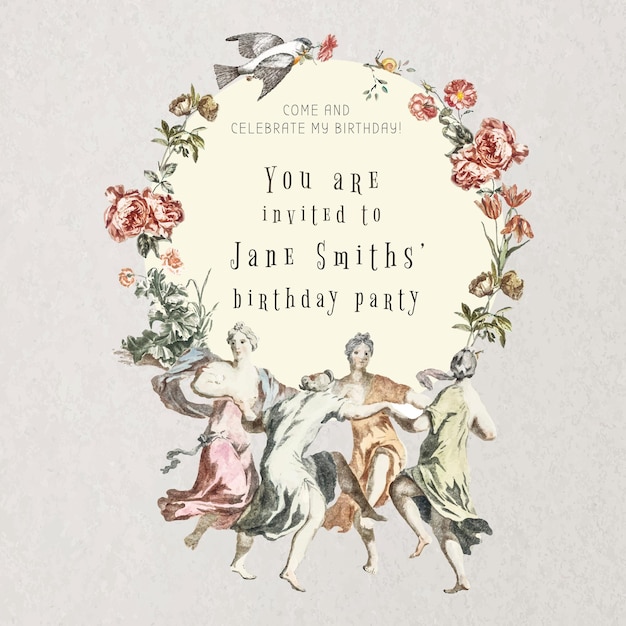 Free vector vintage birthday greeting template with hand drawn flowers, remixed from public domain collection