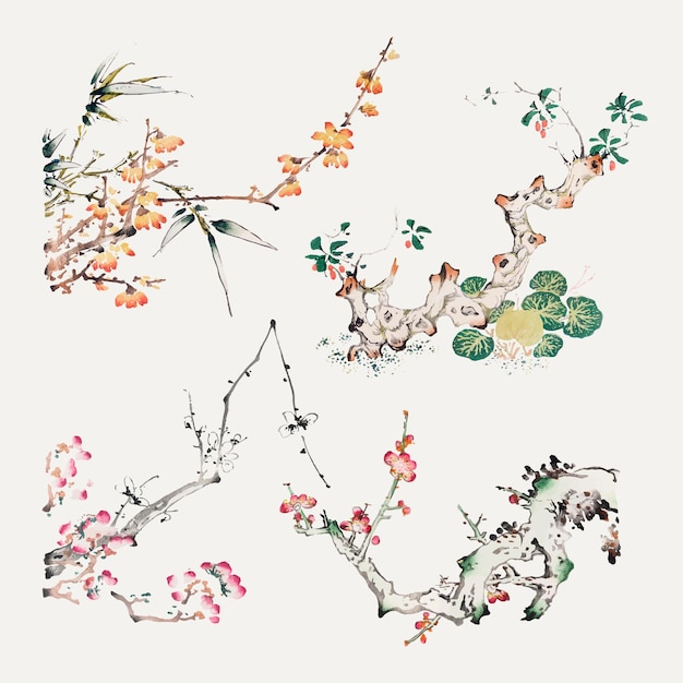 Набор старинных ботанических элементов векторной графики, переработанный из произведений Ху Чжэнъяня
