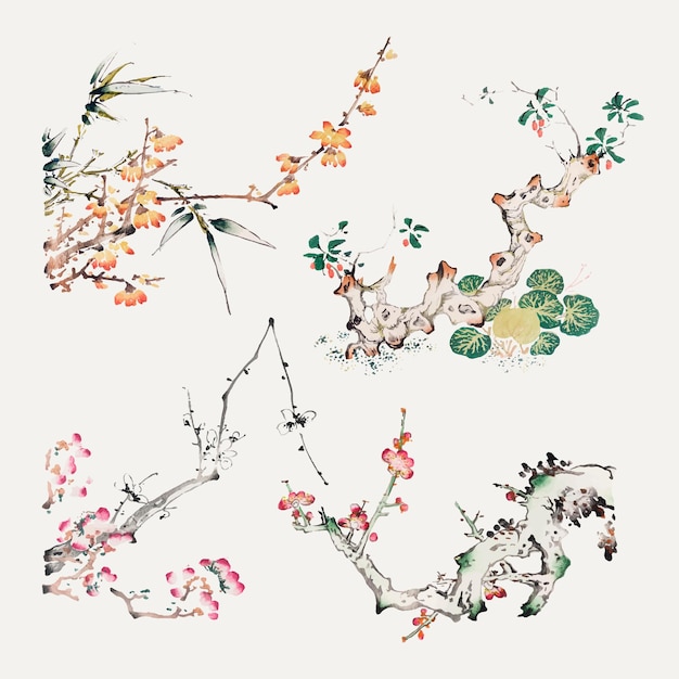 Vintage botanical element vector art print set, remixed from artworks by Hu Zhengyan