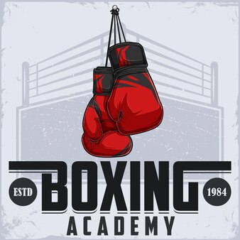 Винтажная академия бокса, клубы и плакат соревнований с боксерскими перчатками и ареной позади