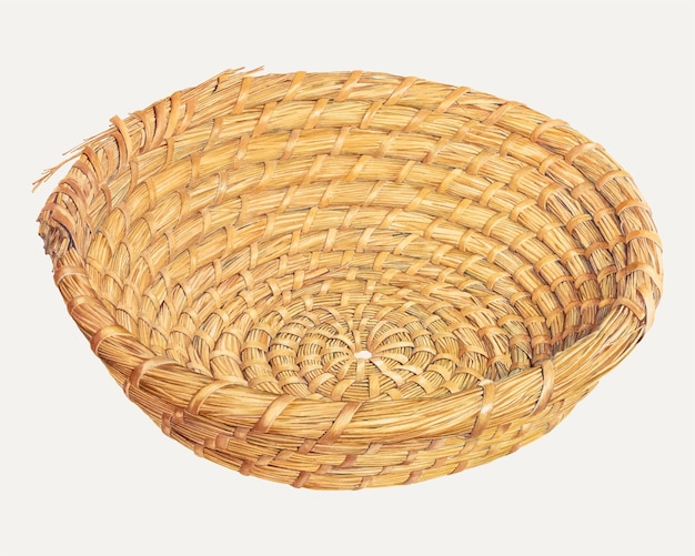 Empty Bamboo Flat Basket On White Background Stock Photo