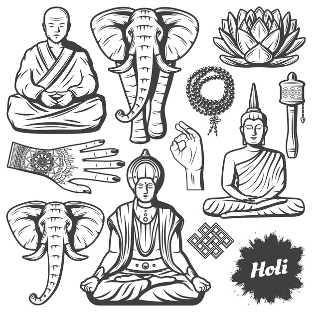 Винтажные элементы религии буддизма, установленные с буддийским монахом, слоном, четками, религиозными бусинами, цветком лотоса, руками, тибетское молитвенное колесо, изолированное