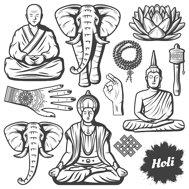 Vintage Buddhism religion elements set with Buddha monk elephant rosary religious beads lotus flower hands Tibetan prayer wheel isolated