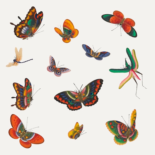 無料ベクター ヴィンテージ蝶と昆虫のイラストセット