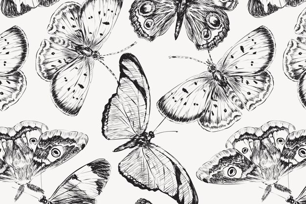 Vintage butterfly pattern background, black and white design vector