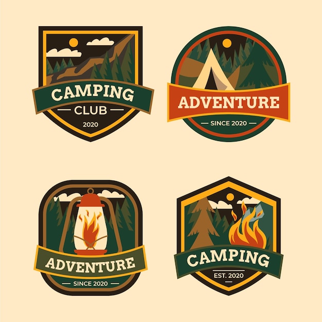 Set di badge vintage per campeggio e avventure