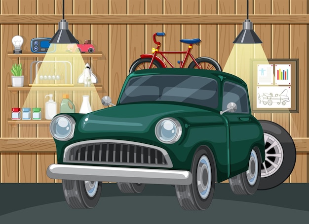 Vintage car and bicycle in garage