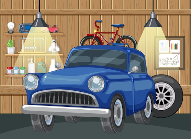 Free vector vintage car and bicycle in wooden garage