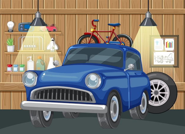木製のガレージにあるヴィンテージカーと自転車