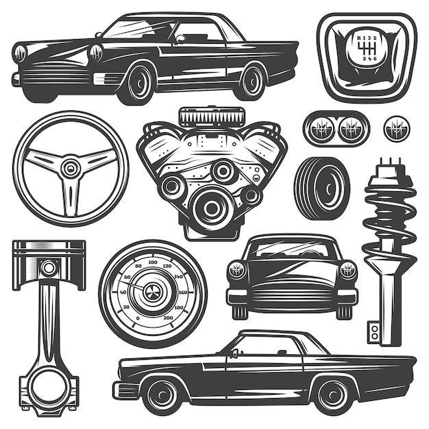 Collezione di componenti per auto d'epoca witn automobile motore motore pistone volante pneumatico fari tachimetro cambio ammortizzatore isolato