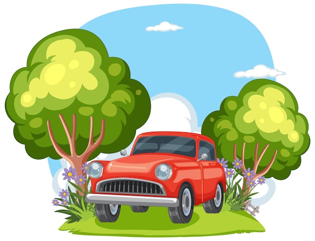 Free vector vintage car in idyllic nature setting