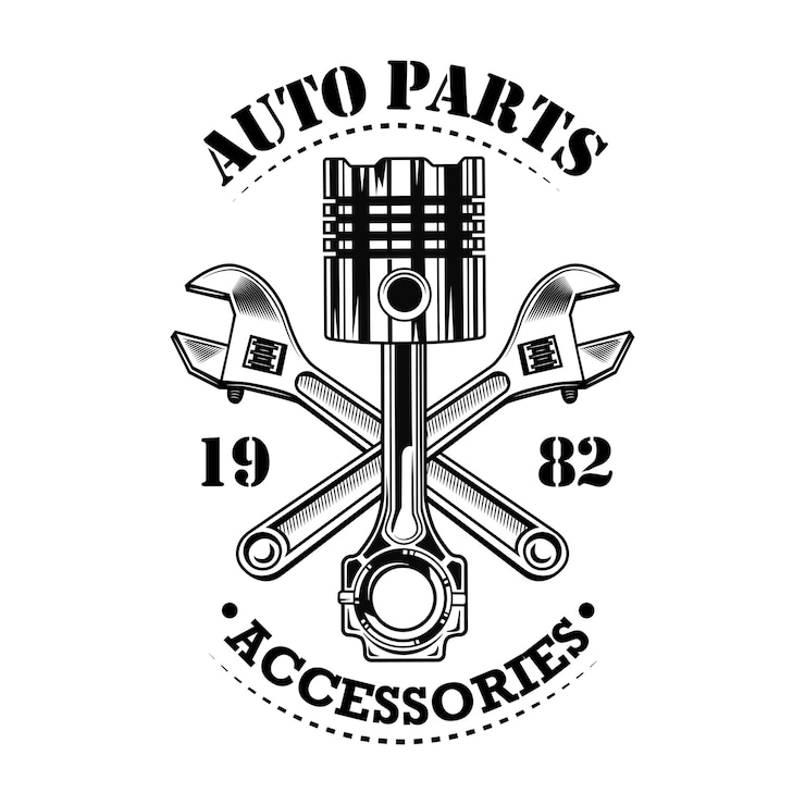 Free Vector vintage car parts vector illustration. chrome piston, crossed wrenches build, auto parts and accessories text. car service or garage concept for emblems