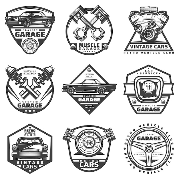 Etichette di servizio di riparazione auto d'epoca con iscrizioni e parti di dettagli di componenti di automobili in stile monocromatico isolato