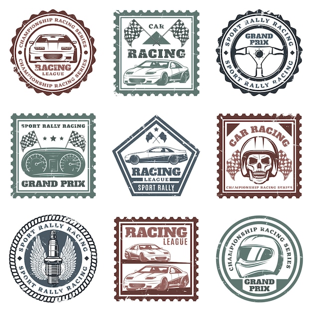 Vintage car sport racing stamps set with inscriptions automobiles steering wheel dashboard skull helmet spark plug flags isolated