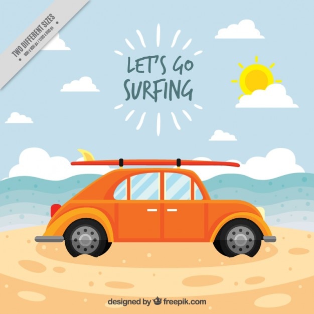 Free vector vintage car with a surfboard on the beach background