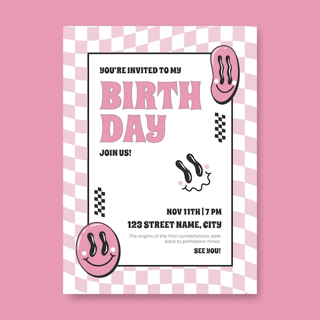 Vintage cartoon 90's birthday party invitation template
