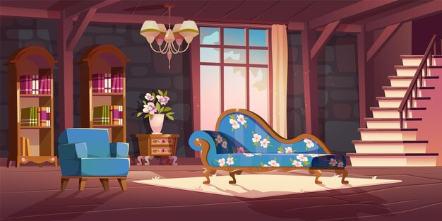 빈티지 성 거실 내부 만화 벡터 그림 아늑한 소파 카펫 책장 꽃과 커튼을 갖춘 궁전 홀 디자인 돌담이 있는 복고풍 호텔 거실의 햇빛