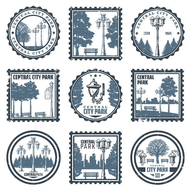 Free vector vintage central city park emblems set with inscriptions old street lanterns trees benches