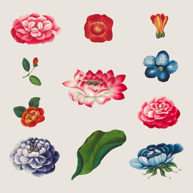 Free vector vintage chinese flowers set